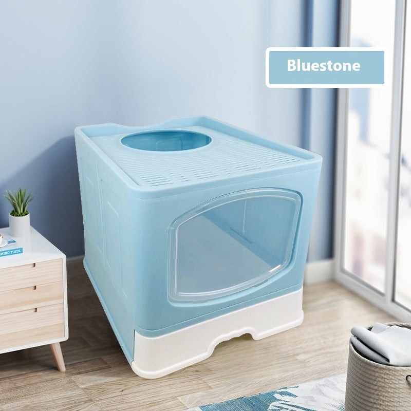 HKM-1658557 Fully Enclosed Plus-Sized Folding Cat Litter Box in Blue, Pink, or Gray - Durable ABS PP Material
