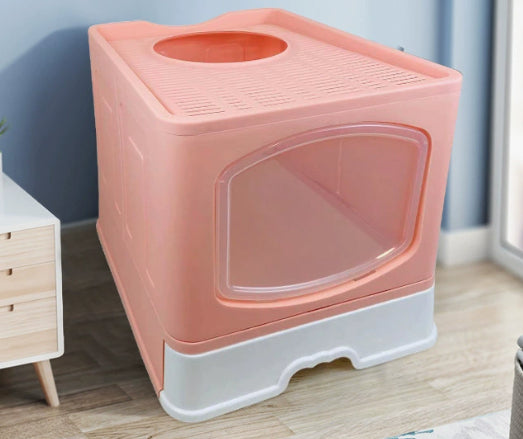 HKM-1658557 Fully Enclosed Plus-Sized Folding Cat Litter Box in Blue, Pink, or Gray - Durable ABS PP Material