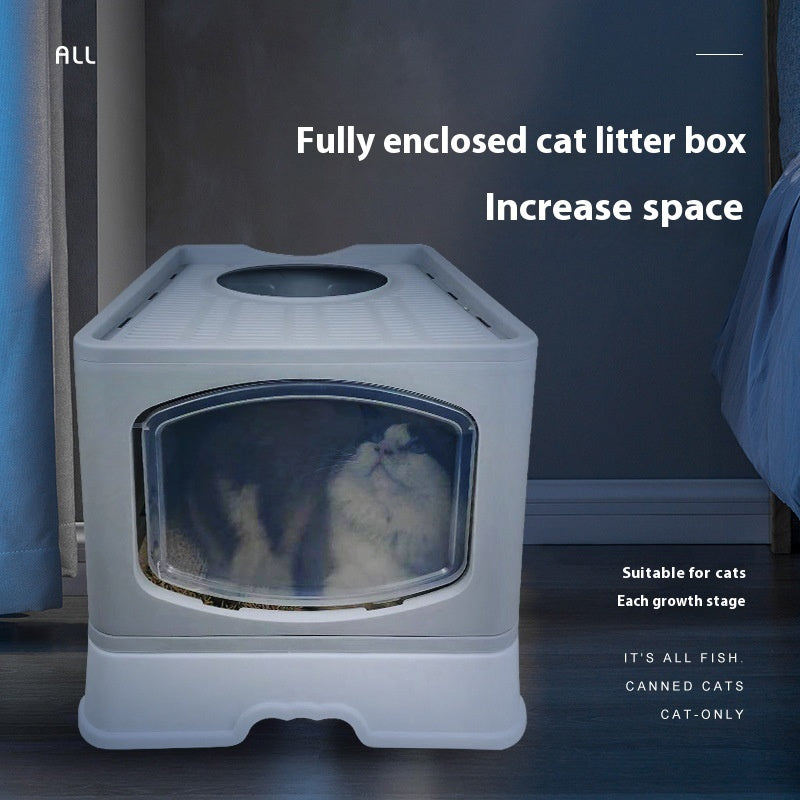 HKM-1658557 Fully Enclosed Plus-Sized Folding Cat Litter Box in Blue, Pink, or Gray - Durable ABS PP Material