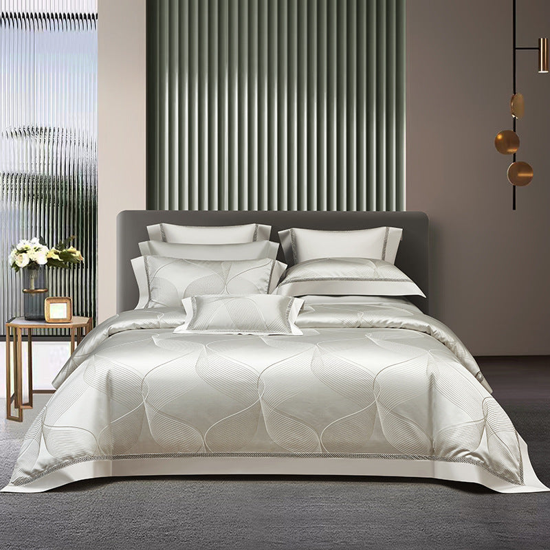 HKM-166099 High Precision Four-piece Jacquard Cotton Bedding Set with Floral Design in Solid Colors