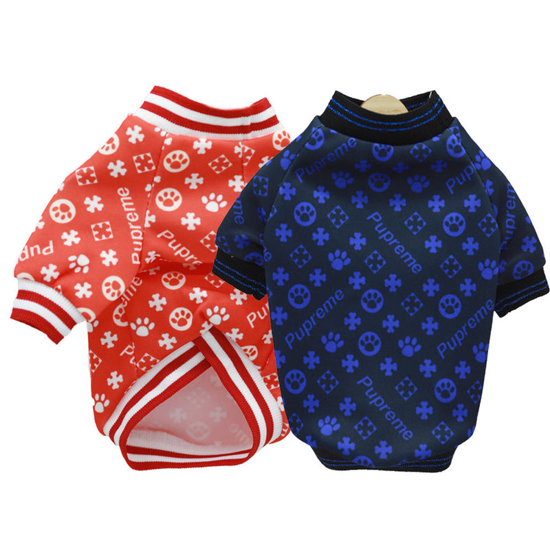 HKM-1664829 Casual Dog Clothes with Full Print Dog Paws - Polyester Outfit in Blue and Red, Sizes XS to 2XL