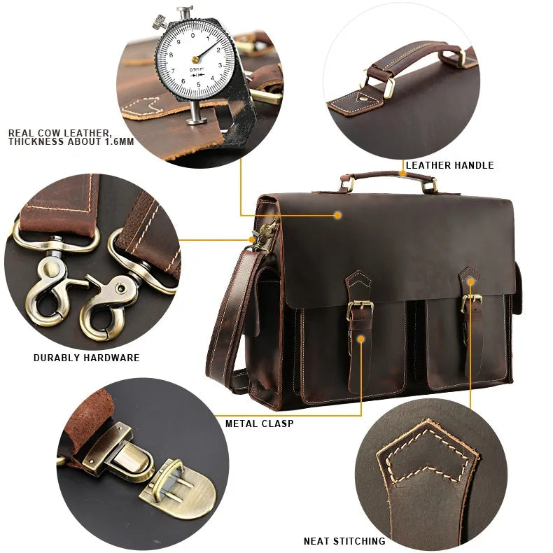 HKM-166483 Genuine Cow Leather 17 Inch Laptop Briefcase with Large Capacity for Men