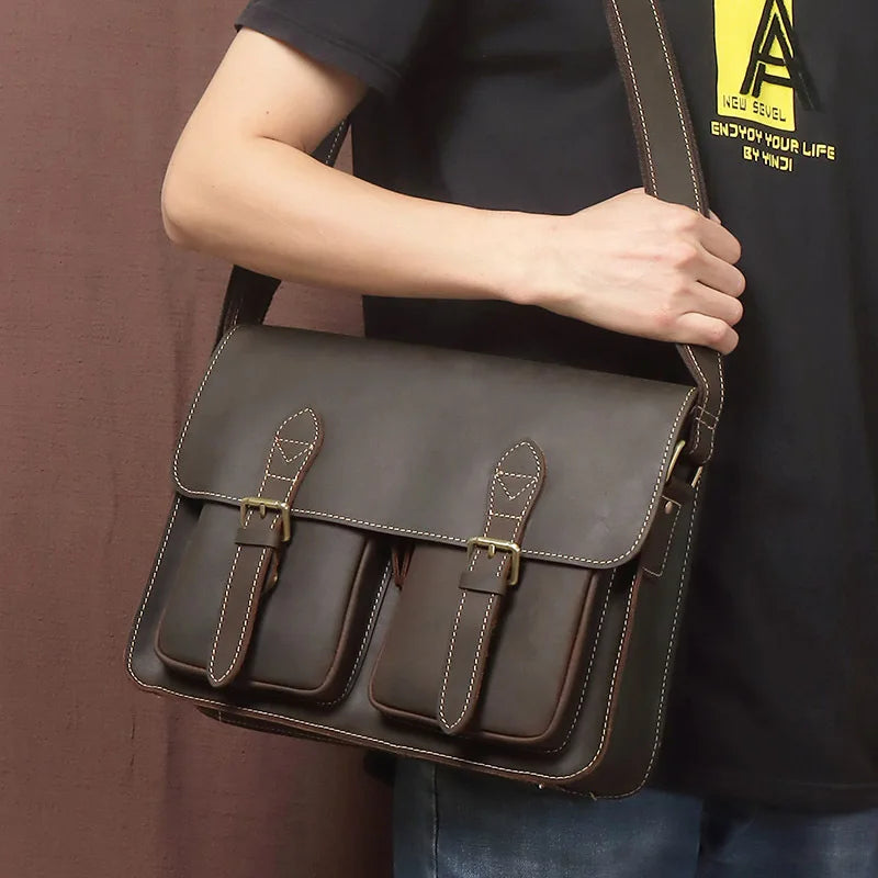 HKM-166483 Genuine Cow Leather 17 Inch Laptop Briefcase with Large Capacity for Men