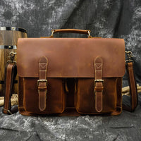 HKM-166483 Genuine Cow Leather 17 Inch Laptop Briefcase with Large Capacity for Men