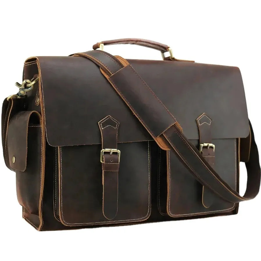 HKM-166483 Genuine Cow Leather 17 Inch Laptop Briefcase with Large Capacity for Men