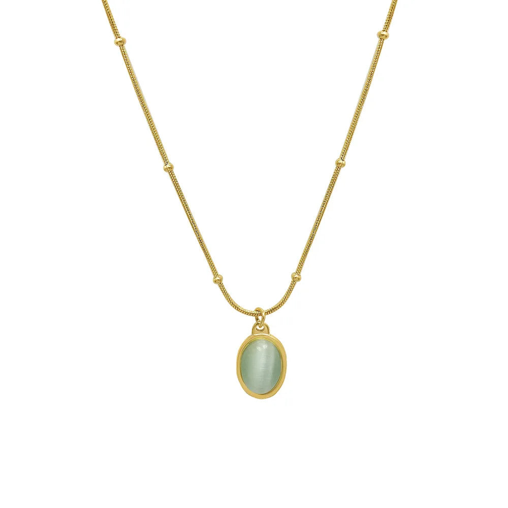 HKM-166483 New Trend 18K Gold Plated Opal Pendant Necklace Vintage Classic Stainless Steel Oval Natural Stone Necklace for Women Girls