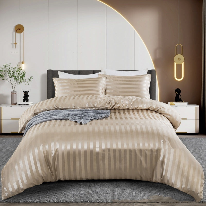 HKM-166931 Satin Stripe Bedding Set - Three-Piece & Four-Piece Options with Pillowcases and Duvet Cover