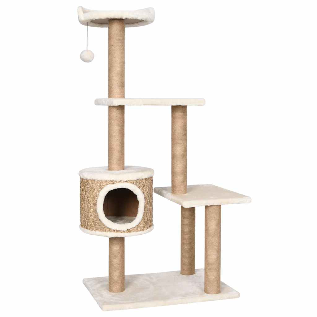 HKM-1669693 Beige Cat Scratching Post with Seagrass Wrap, 123 cm Tall Cat Tree with Perches and Cave