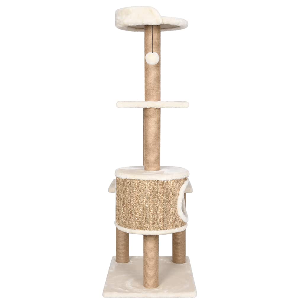 HKM-1669693 Beige Cat Scratching Post with Seagrass Wrap, 123 cm Tall Cat Tree with Perches and Cave