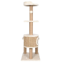 HKM-1669693 Beige Cat Scratching Post with Seagrass Wrap, 123 cm Tall Cat Tree with Perches and Cave
