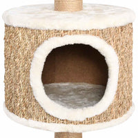HKM-1669693 Beige Cat Scratching Post with Seagrass Wrap, 123 cm Tall Cat Tree with Perches and Cave