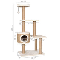 HKM-1669693 Beige Cat Scratching Post with Seagrass Wrap, 123 cm Tall Cat Tree with Perches and Cave