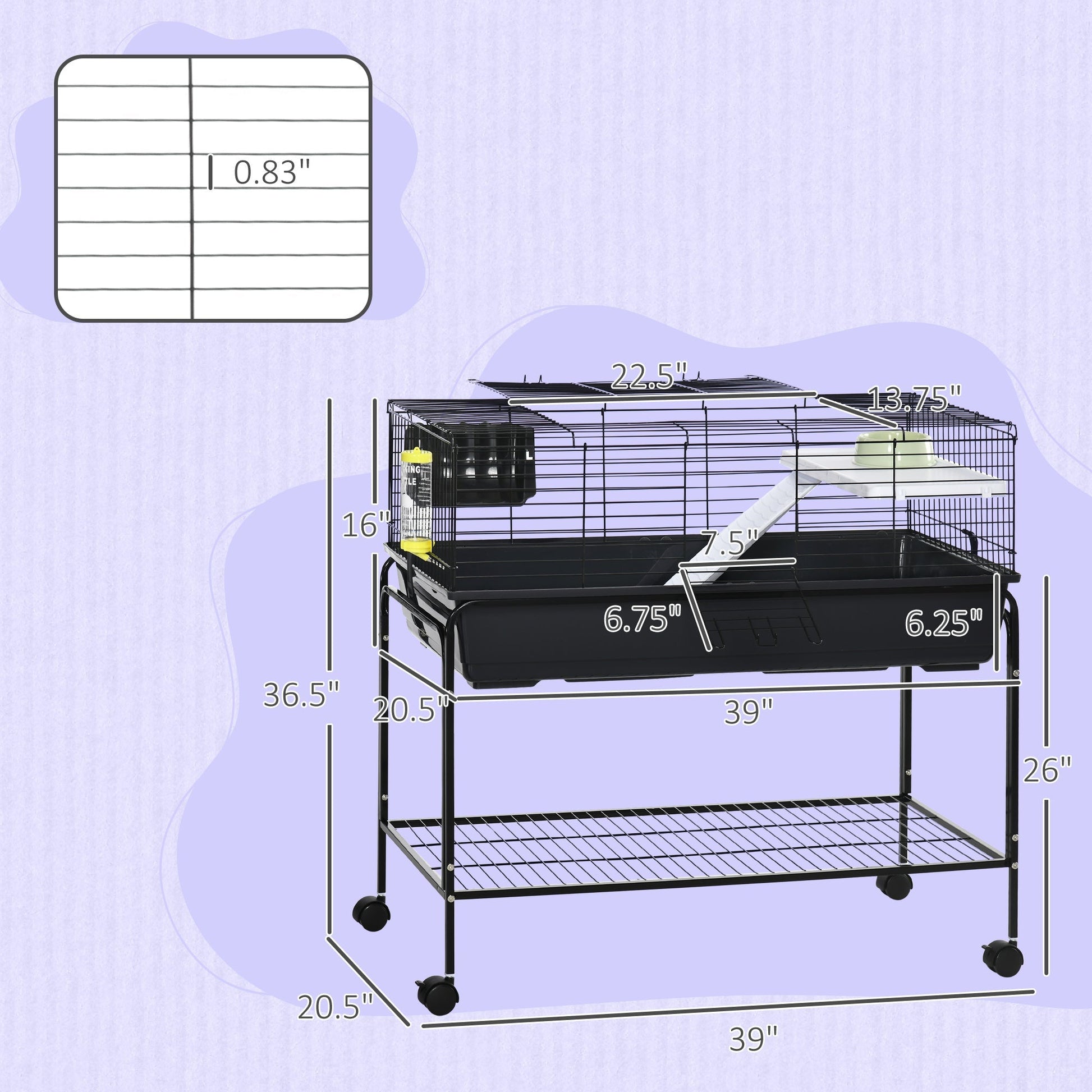 HKM-1670077 Two-Story Small Animal Cage with Removable Stand, Shelf & Wheels - Ideal Habitat for Guinea Pigs, Hedgehogs, Chinchillas, and Ferrets - 39" x 20.5" x 36.5" Black