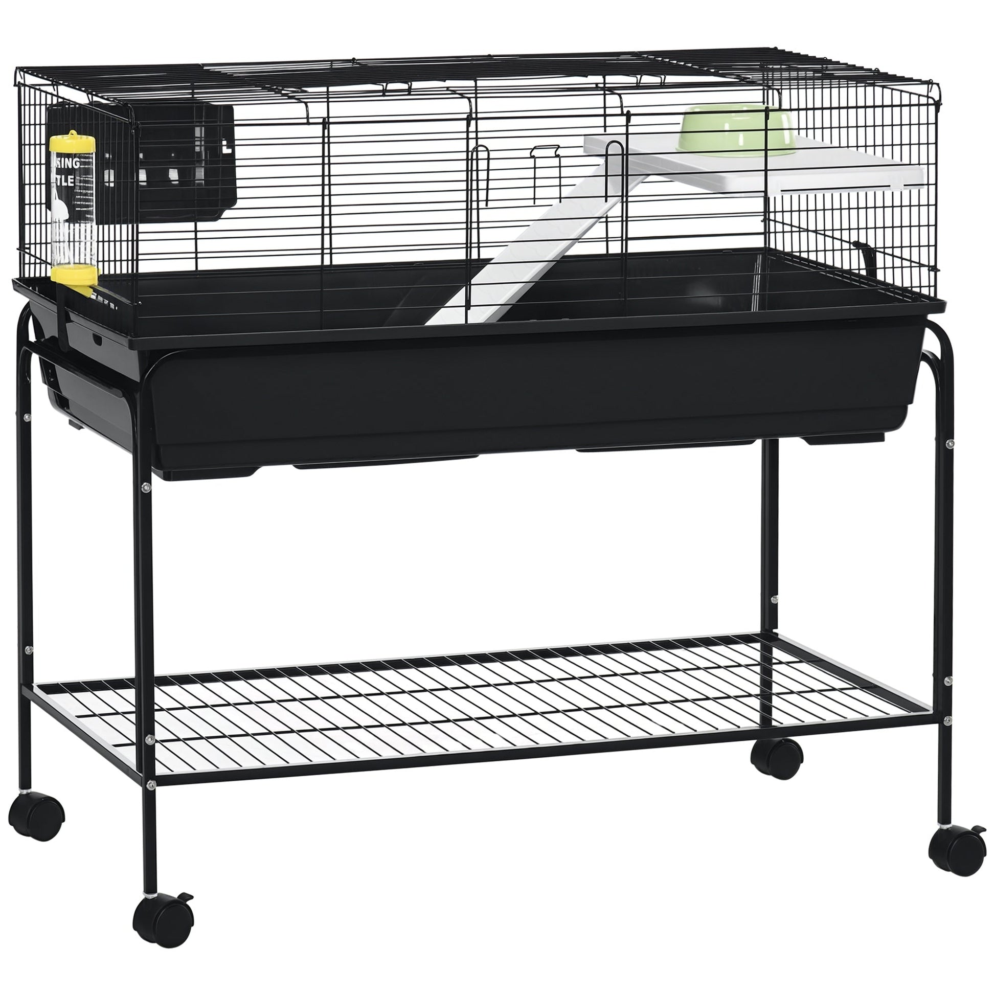 HKM-1670077 Two-Story Small Animal Cage with Removable Stand, Shelf & Wheels - Ideal Habitat for Guinea Pigs, Hedgehogs, Chinchillas, and Ferrets - 39" x 20.5" x 36.5" Black