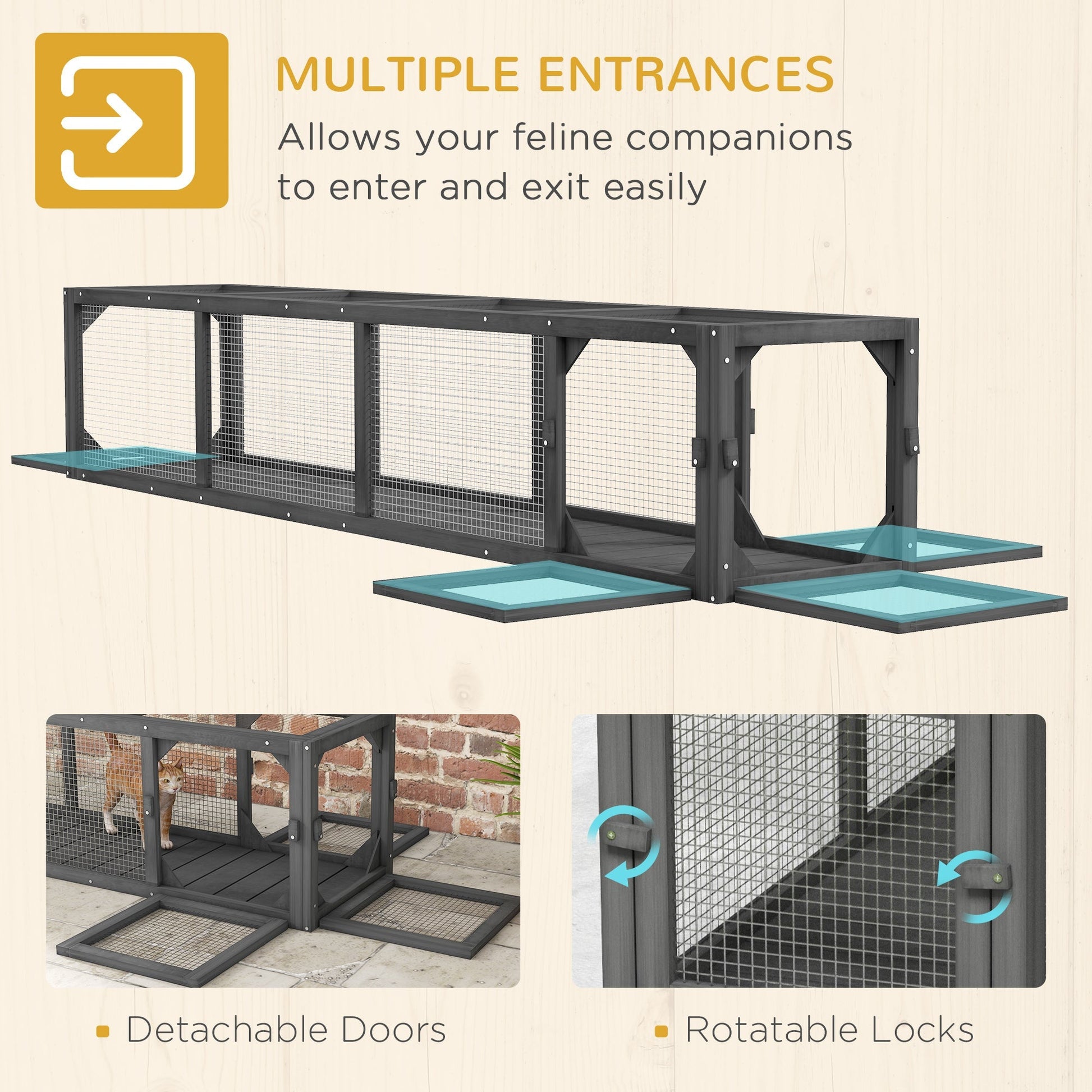 HKM-1670461 Dark Gray Wooden Cat Run with Weather Protection, Indoor/Outdoor Access, 79"L x 15"W x 15"H
