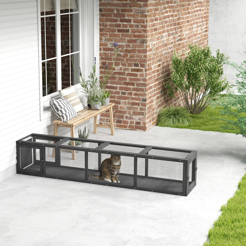 HKM-1670461 Dark Gray Wooden Cat Run with Weather Protection, Indoor/Outdoor Access, 79"L x 15"W x 15"H