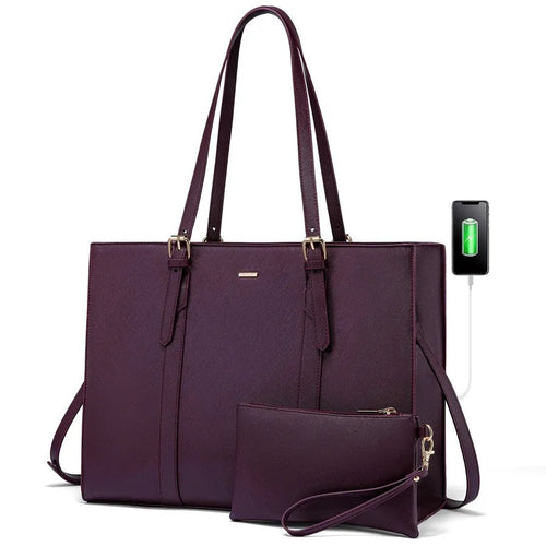 HKM-1671507 purple PU laptop tote with gold hardware and wristlet