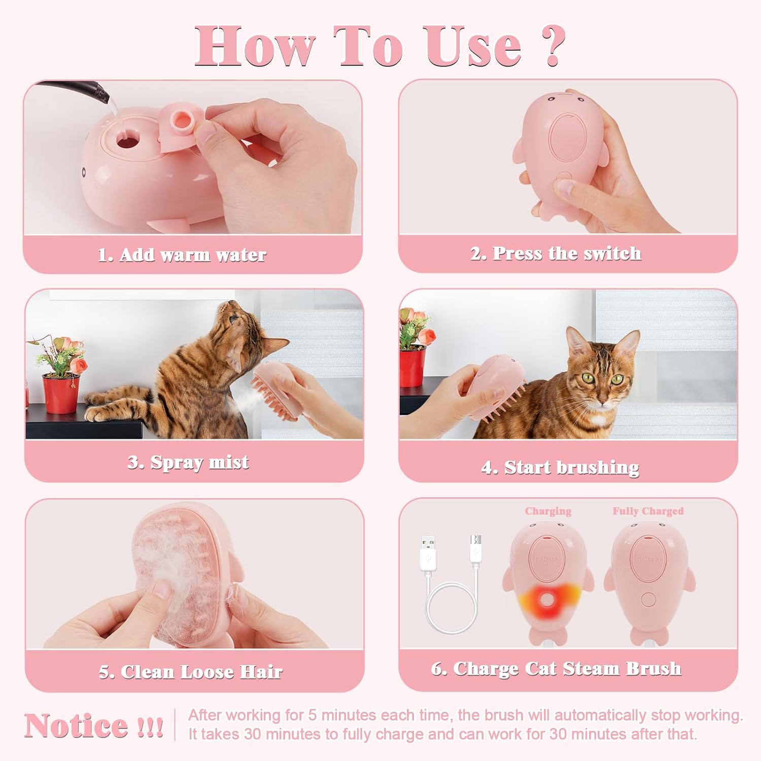 HKM-1673661 3-in-1 Rechargeable Steamy Cat Brush with Self-Cleaning Feature - Pet Hair Removal and Massage Tool for Cats and Dogs