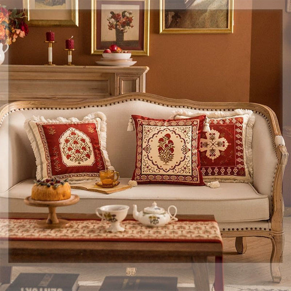 HKM-167379 Red Square Print Pillow Case and Cushion Cover for Bohemian Style Sofa and Home Decoration