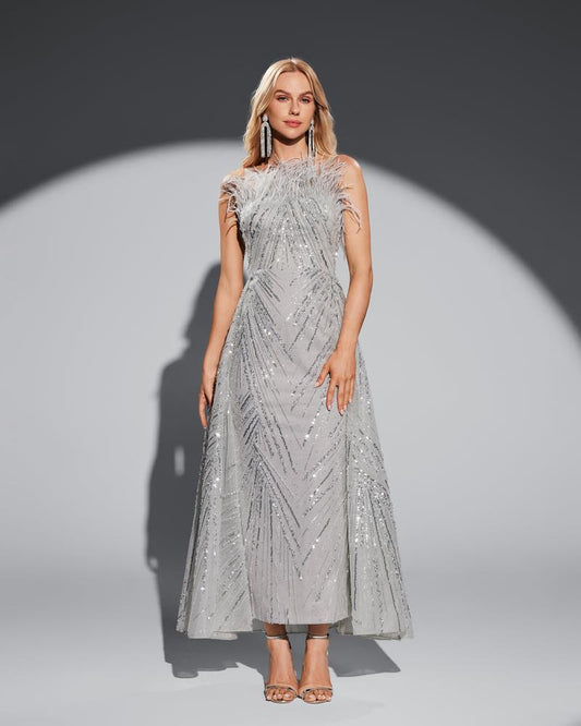 HKM-167635 Elegant Silver Evening Dress for Formal Occasions - Model EZ25018