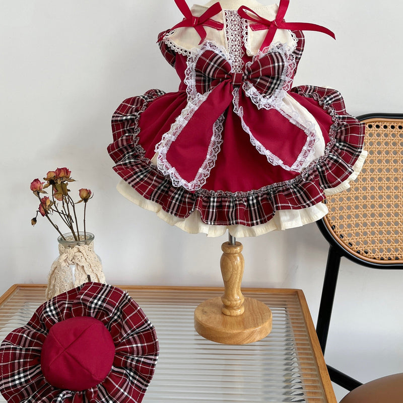HKM-167763 Plaid Lace Princess Dress with Matching Pet Bow - Polyester, Multiple Sizes
