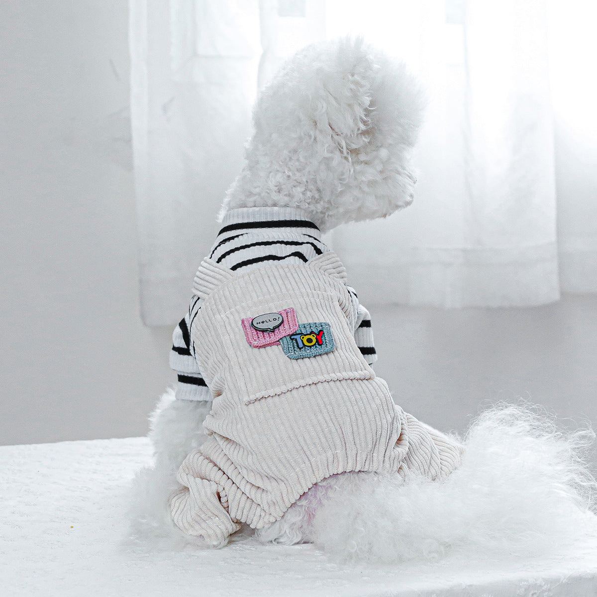 HKM-167827 Black and White Striped Pocket Overalls for Pets - Casual Style in XS to XL Sizes