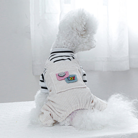 HKM-167827 Black and White Striped Pocket Overalls for Pets - Casual Style in XS to XL Sizes