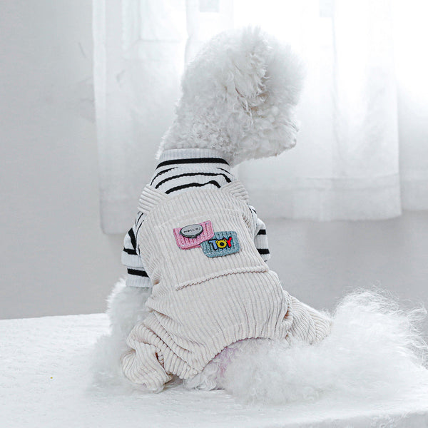 HKM-167827 Black and White Striped Pocket Overalls for Pets - Casual Style in XS to XL Sizes