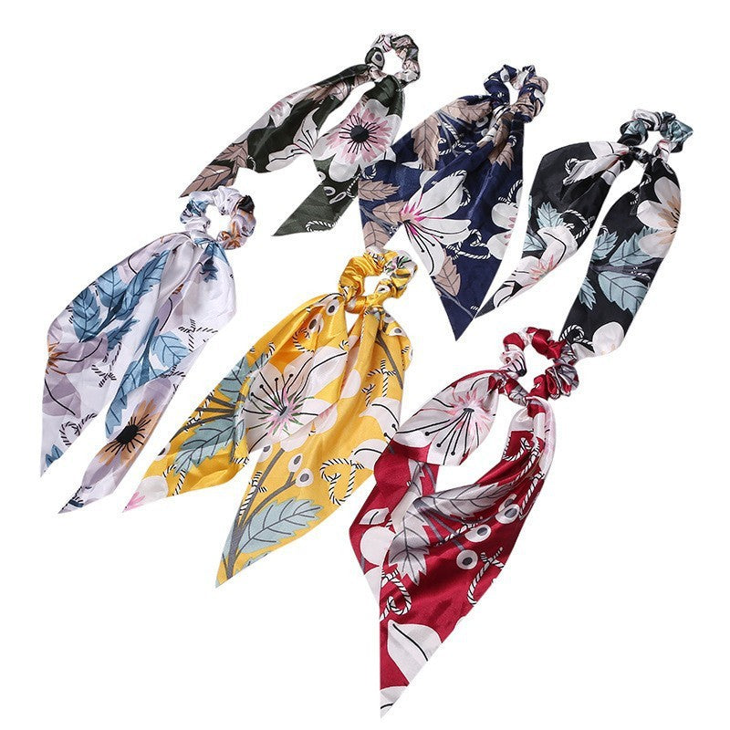 HKM-167827 Korean Style Long Streamer Printed Silk Scarf Hair Tie for Ponytail and Top Knot Styling