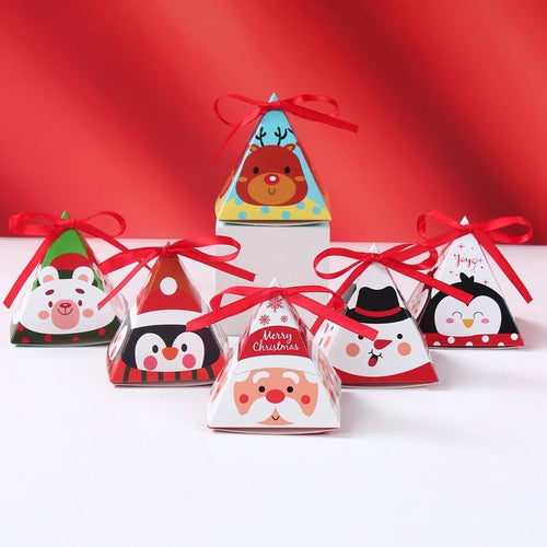 HKM-167891 Christmas Triangle Candy Box Set with Ribbons - Festive Gift Packaging for Parties and Weddings