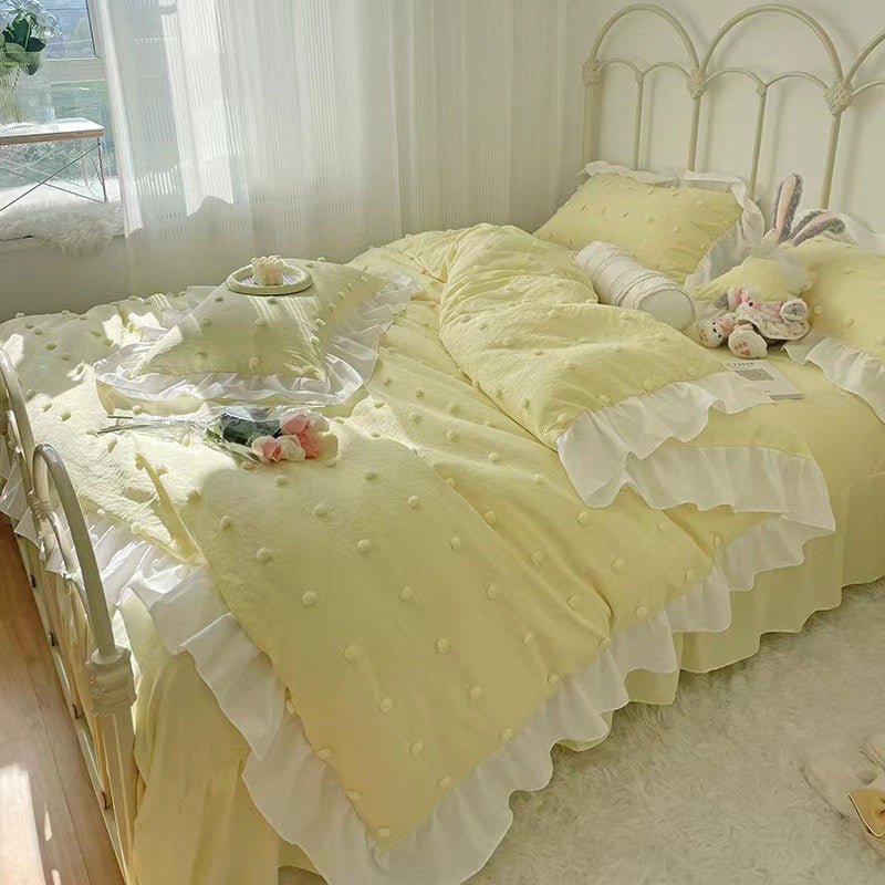 HKM-168083 Korean Style Cute Four-Piece Bedding Set with Decorative Lace and Soft Brushed Fabric