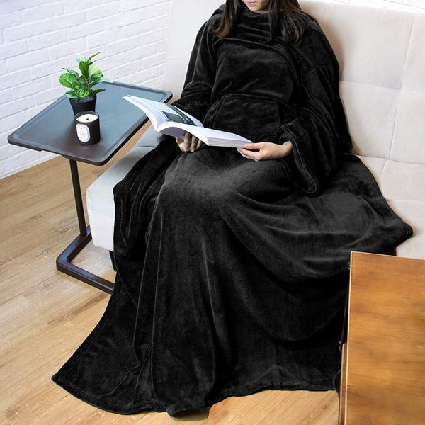 HKM-168403 Wearable Multi-Functional Antistatic Flannel Blanket with Pockets in Solid Colors and Multiple Sizes