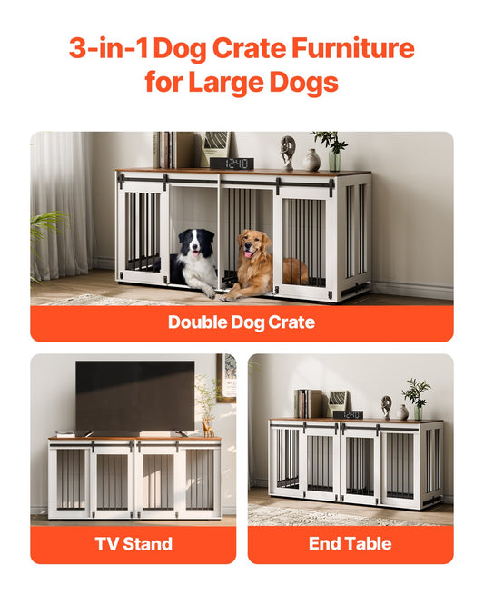 HKM-1691325 72-Inch Indoor Wooden Dog Crate with Tray - Multi-Functional Kennel and Furniture Solution
