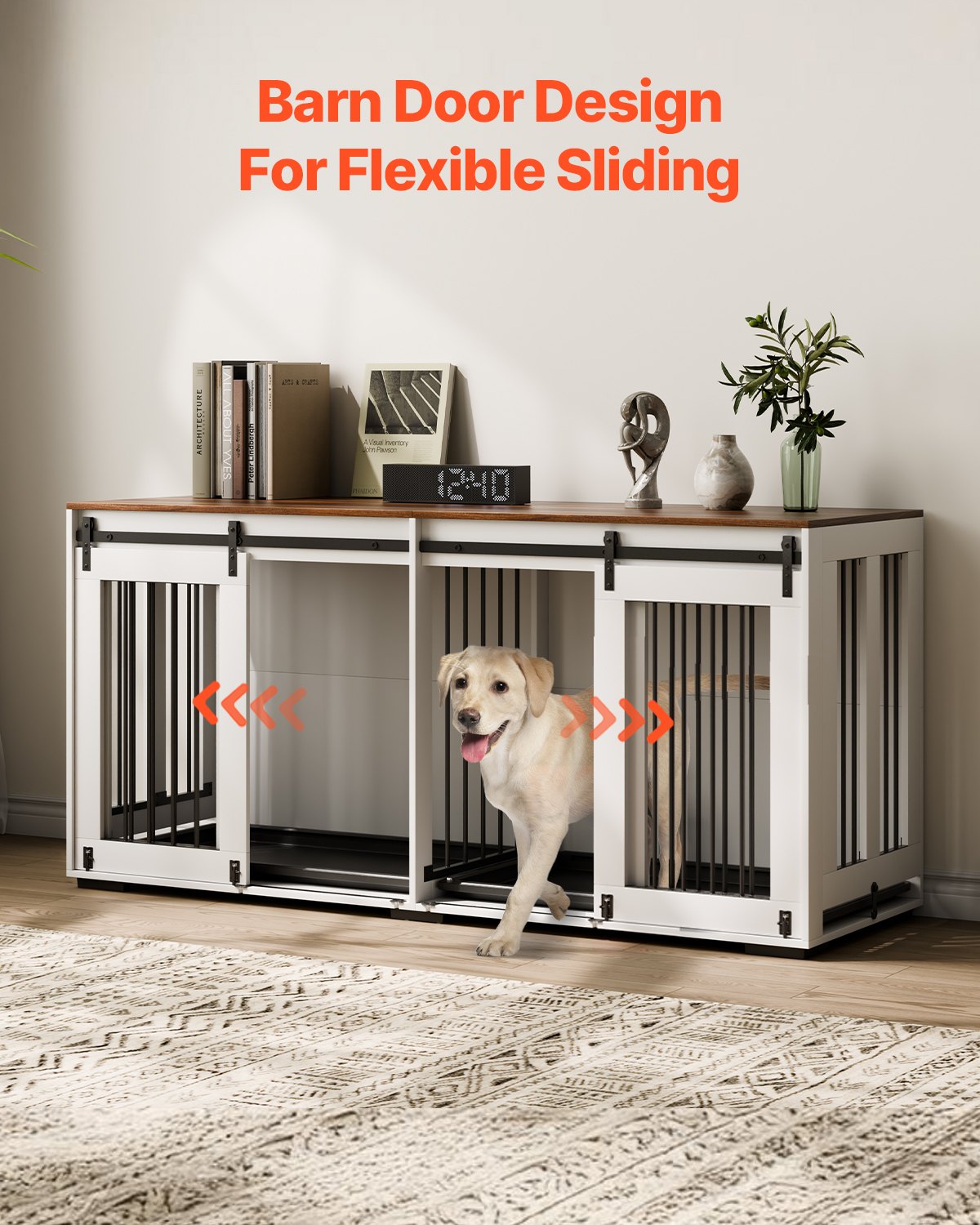 HKM-1691325 72-Inch Indoor Wooden Dog Crate with Tray - Multi-Functional Kennel and Furniture Solution
