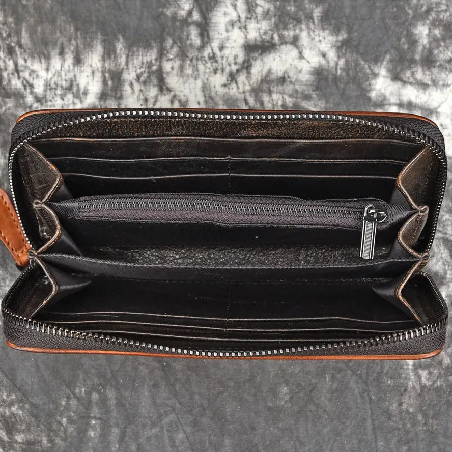 HKM-169299 Handmade Retro Multi-Card Leather Wallet in Coffee/Brown with Zipper Closure