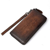 HKM-169299 Handmade Retro Multi-Card Leather Wallet in Coffee/Brown with Zipper Closure