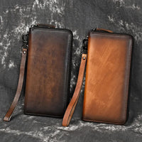 HKM-169299 Handmade Retro Multi-Card Leather Wallet in Coffee/Brown with Zipper Closure