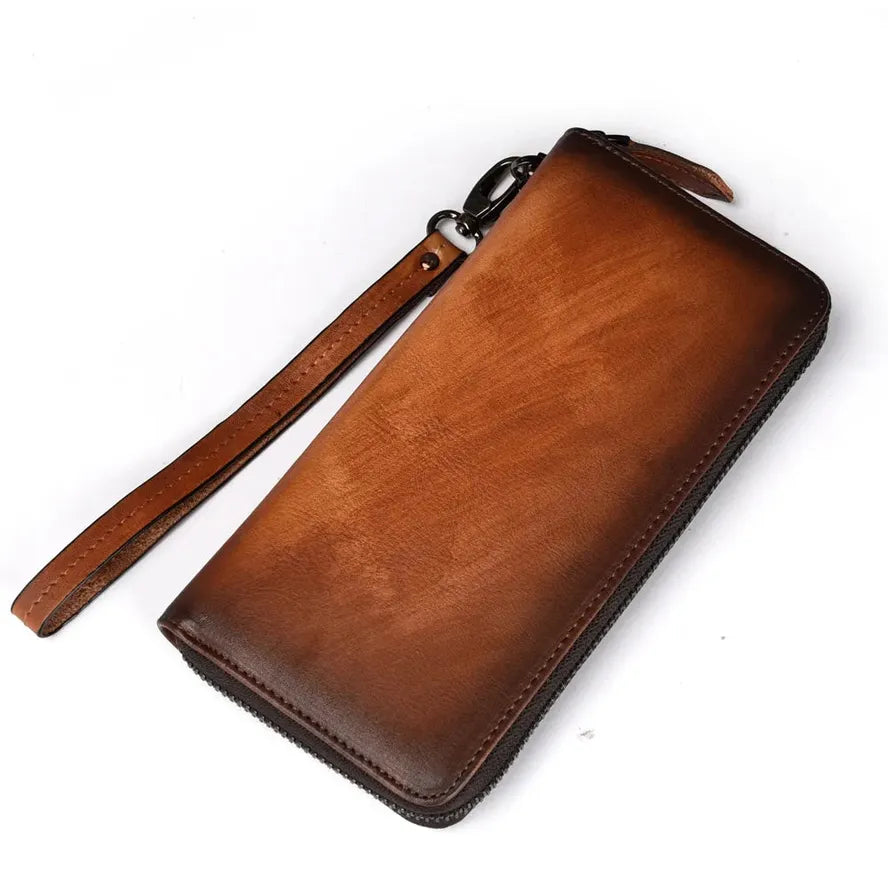 HKM-169299 Handmade Retro Multi-Card Leather Wallet in Coffee/Brown with Zipper Closure