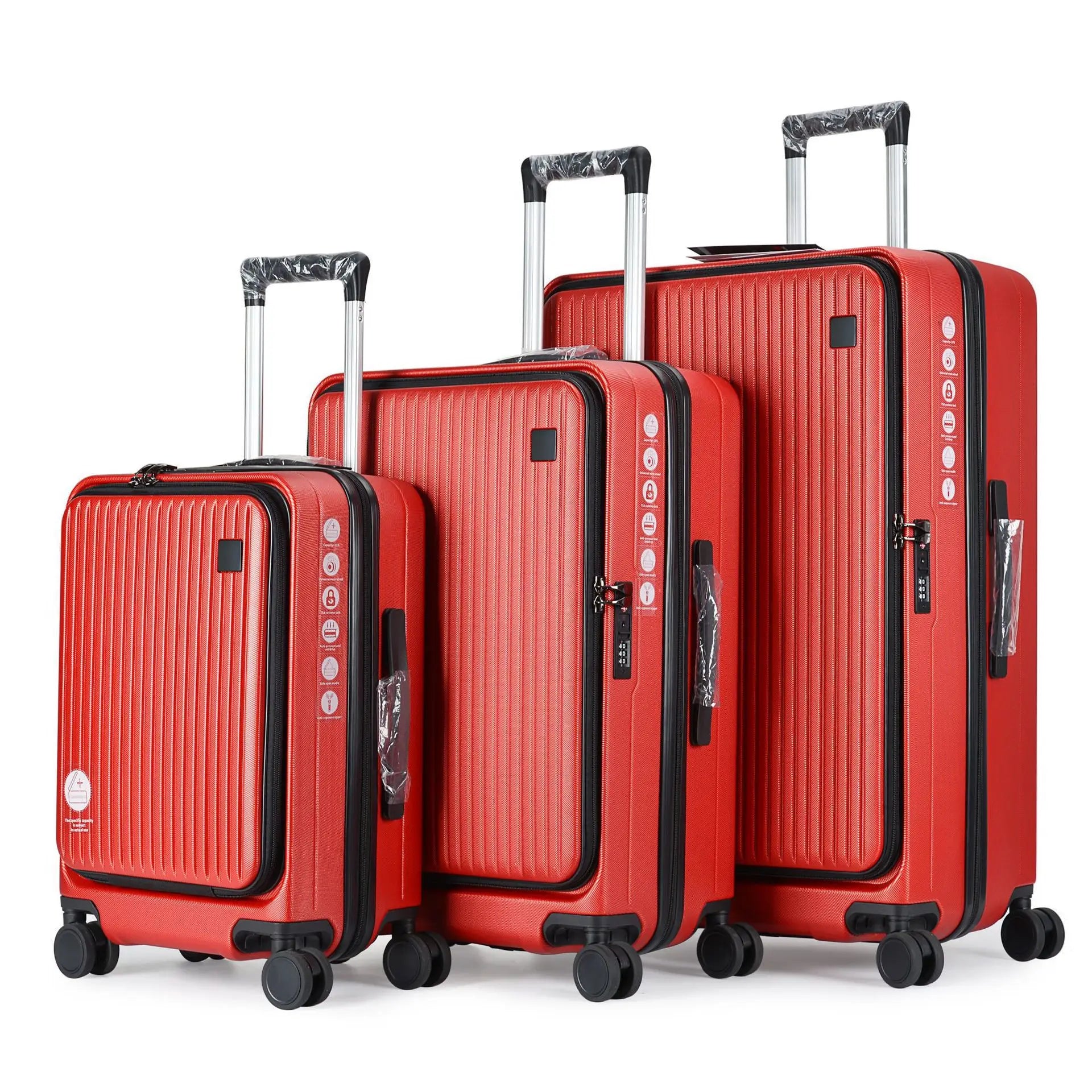 HKM-169619 3-Piece Front Opening Laptop Luggage Set - Durable ABS/PC Hard Case Carry-On Travel Suitcases