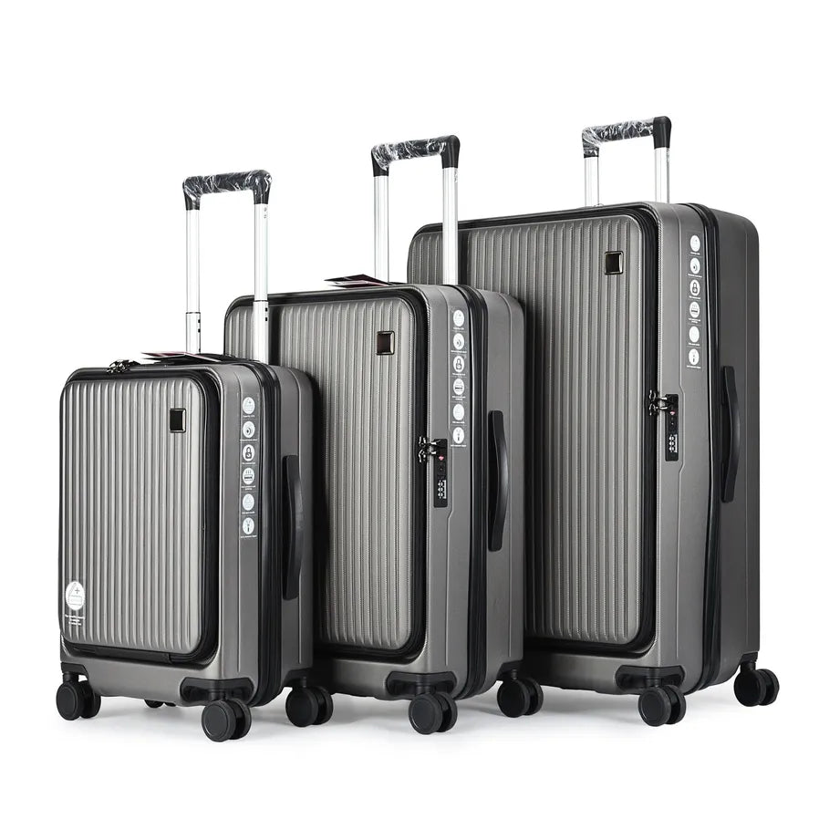 HKM-169619 3-Piece Front Opening Laptop Luggage Set - Durable ABS/PC Hard Case Carry-On Travel Suitcases