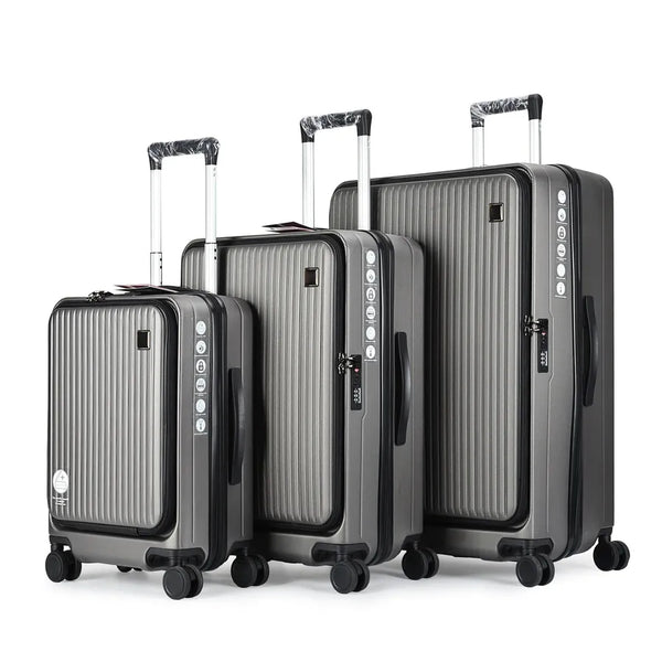 HKM-169619 3-Piece Front Opening Laptop Luggage Set - Durable ABS/PC Hard Case Carry-On Travel Suitcases