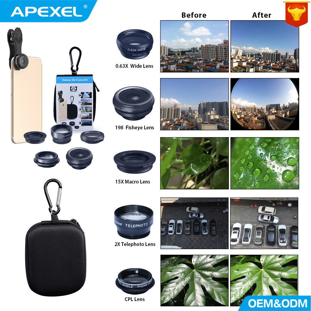 HKM-169619 5-in-1 Mobile Phone Lens Set with Fisheye, Wide Angle, Macro, Teleconverter, and Polarization Options