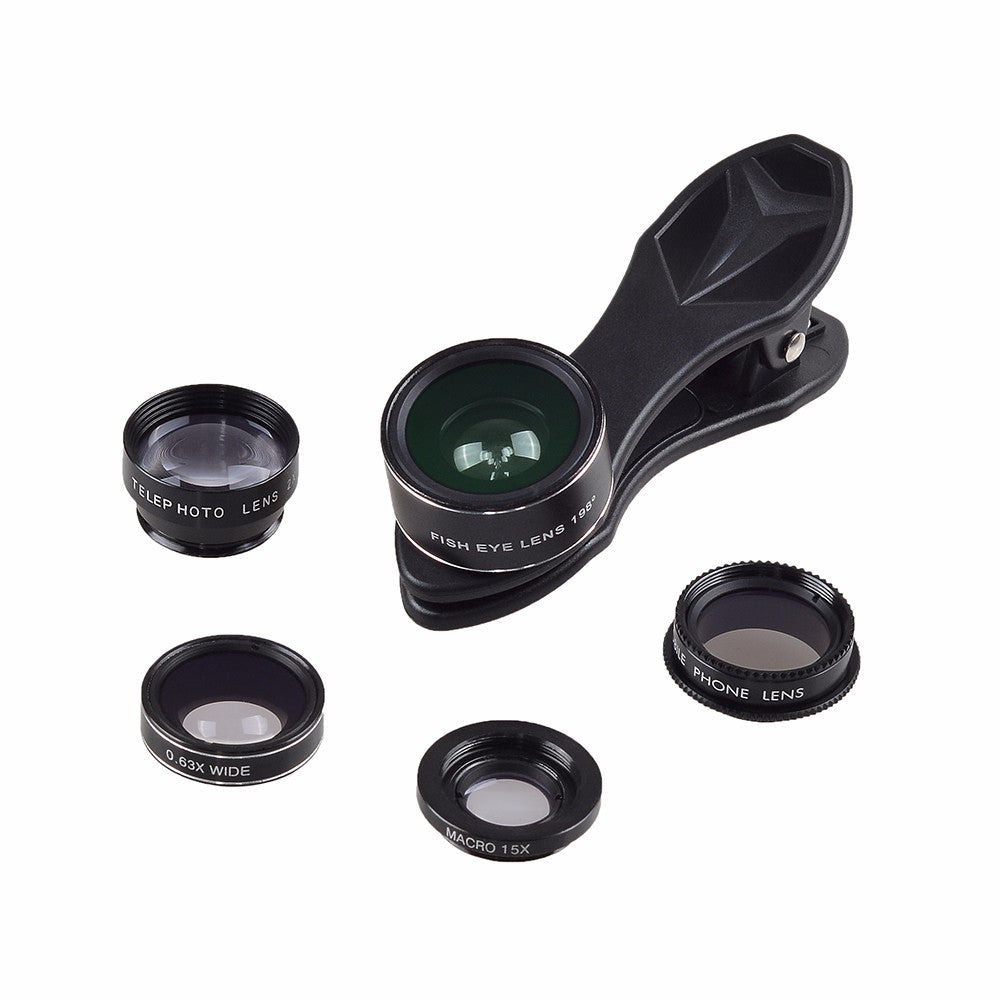 HKM-169619 5-in-1 Mobile Phone Lens Set with Fisheye, Wide Angle, Macro, Teleconverter, and Polarization Options