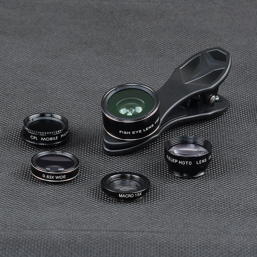 HKM-169619 5-in-1 Mobile Phone Lens Set with Fisheye, Wide Angle, Macro, Teleconverter, and Polarization Options