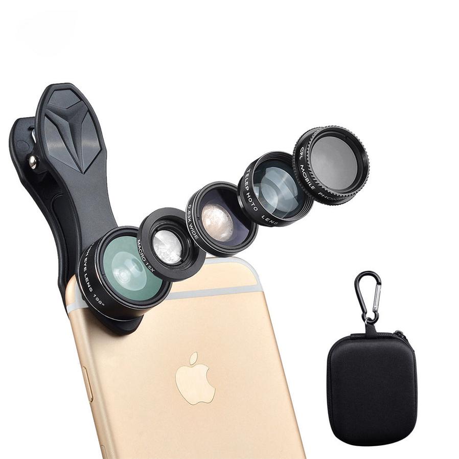 HKM-169619 5-in-1 Mobile Phone Lens Set with Fisheye, Wide Angle, Macro, Teleconverter, and Polarization Options