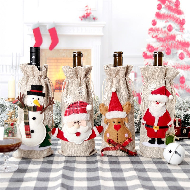 HKM-169683 Christmas Holiday Decorations Linen Wine Bottle Bags - Santa Claus, Snowman, Reindeer, and Christmas Themes