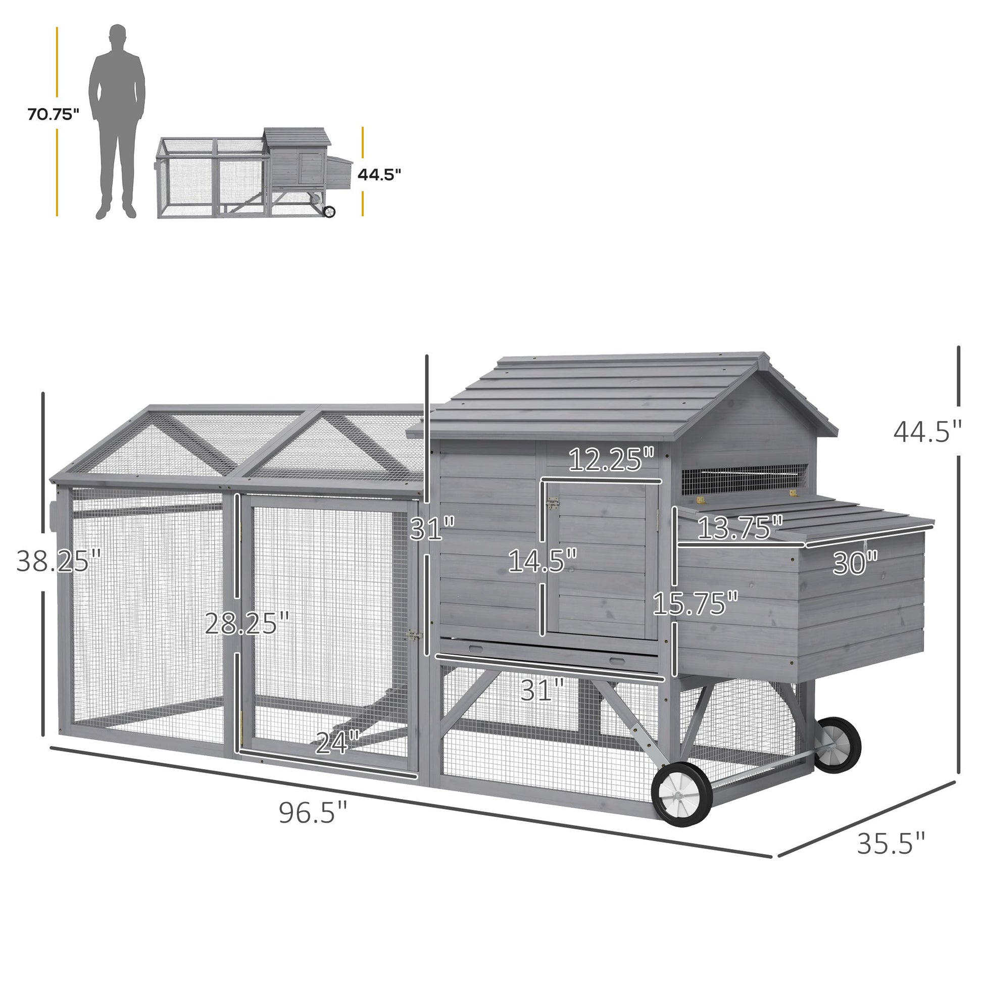HKM-1702845 Portable 96.5" Wooden Chicken Coop with Nesting Box and Wheels for Outdoor Use, Gray