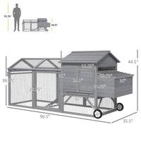 HKM-1702845 Portable 96.5" Wooden Chicken Coop with Nesting Box and Wheels for Outdoor Use, Gray