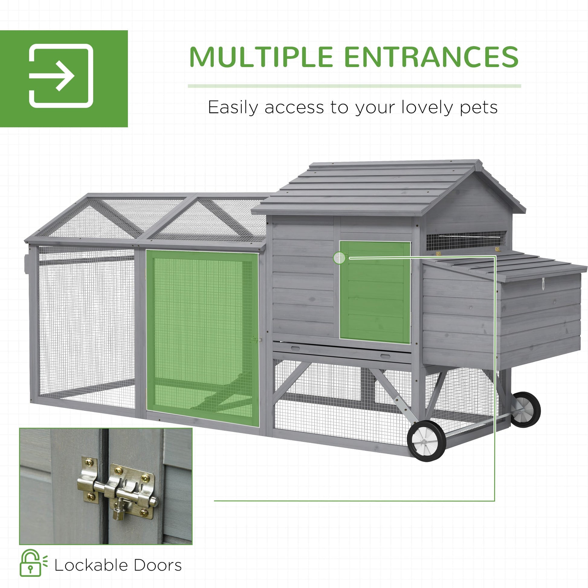 HKM-1702845 Portable 96.5" Wooden Chicken Coop with Nesting Box and Wheels for Outdoor Use, Gray
