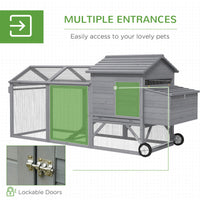 HKM-1702845 Portable 96.5" Wooden Chicken Coop with Nesting Box and Wheels for Outdoor Use, Gray